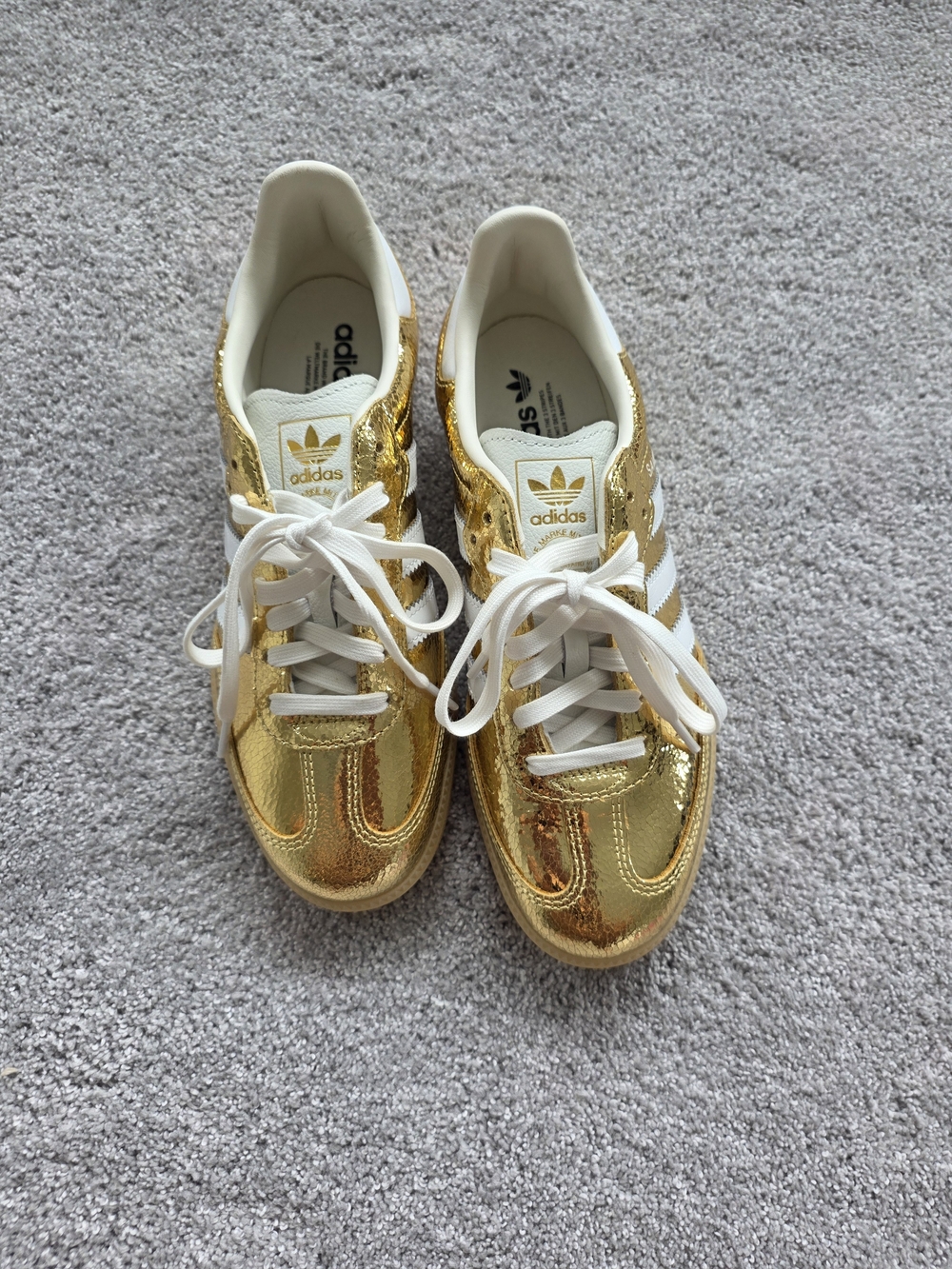 adidas Metallic Gold Samba with White Stripes